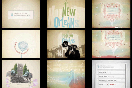 A collage of nine graphic designs featuring text related to New Orleans, including phrases and artistic elements like musical instruments, cityscapes, and decorative patterns. Central image shows musicians in silhouette with city background.