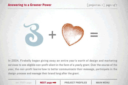 Logo with a stylized "S" plus a heart symbol equals. Text underneath explains Firebelly's yearly design and marketing grant for non-profits.