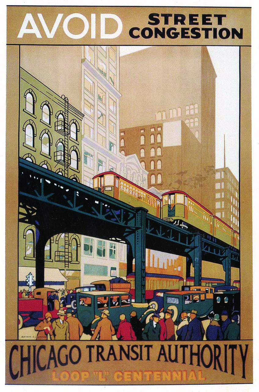 Chicago Transit Authority poster featuring elevated trains above a crowded street with vintage cars and people, promoting street congestion avoidance. Art deco style with muted colors.