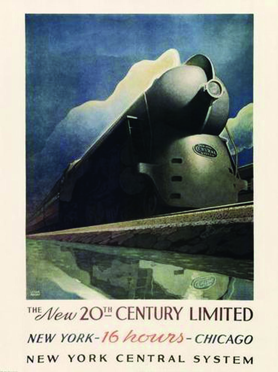 Art deco poster of a streamlined locomotive with a dramatic angle, beneath a cloudy sky. The train reflects in a pool of water below. Text promotes the New 20th Century Limited train from New York to Chicago, emphasizing a 16-hour journey.