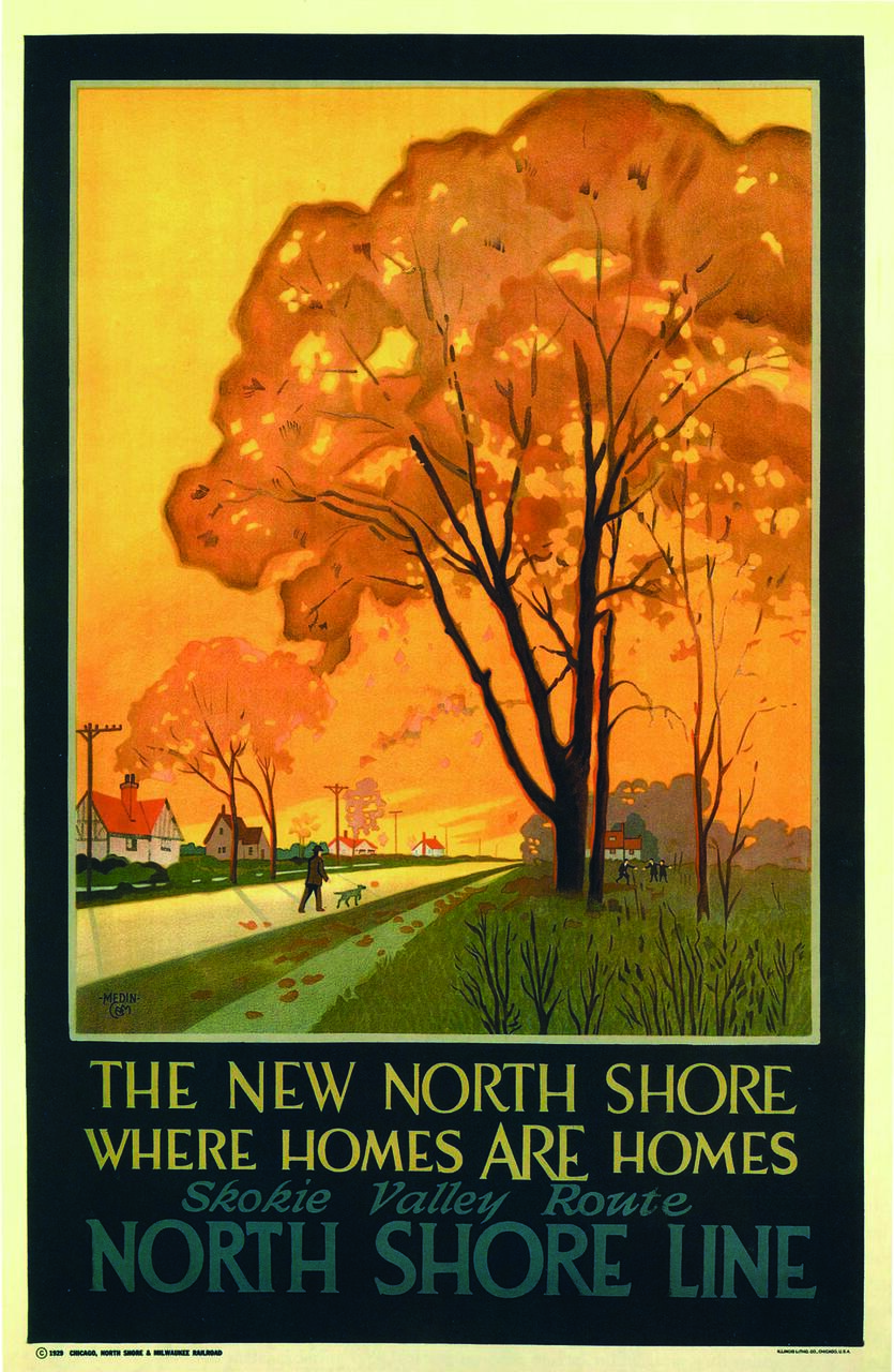 Art deco poster featuring a fall scene with large orange trees and a path leading to houses. A person walks a dog on the path. Text at the bottom promotes the North Shore Line's Skokie Valley Route.