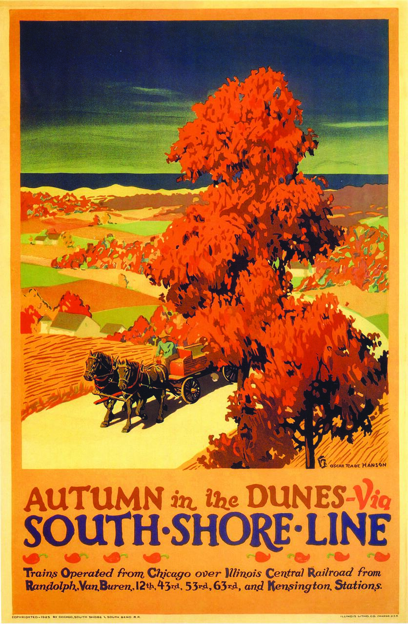 Vintage poster featuring a vibrant autumn landscape with a horse-drawn carriage on a country road, surrounded by red and orange trees, with a distant view of dunes and a dark sky.