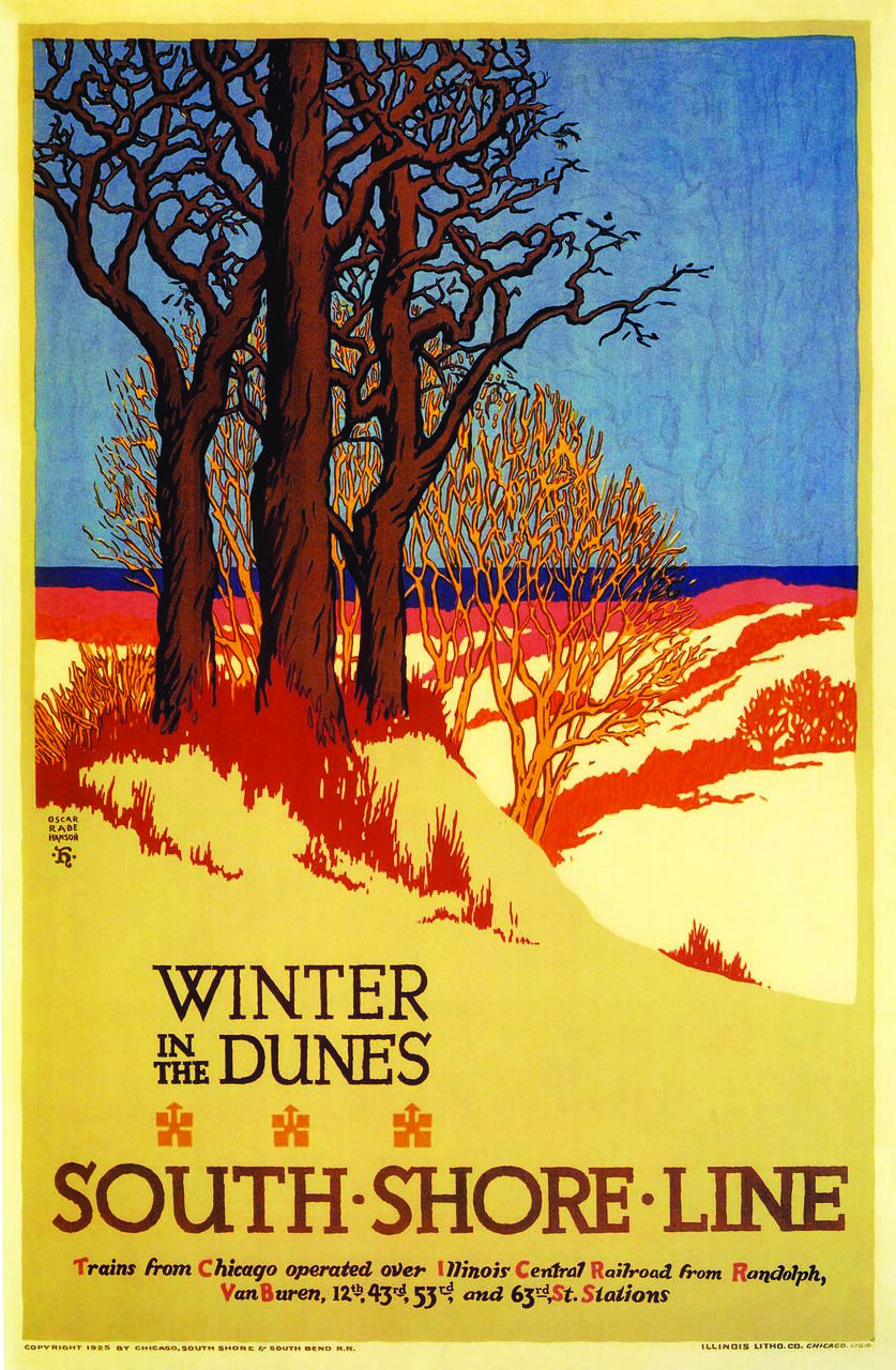 Colorful vintage poster with leafless trees against a blue sky, surrounded by orange and red foliage. Snow-covered dunes in the foreground. Text includes "Winter in the Dunes" and "South Shore Line," detailing train routes from Chicago.