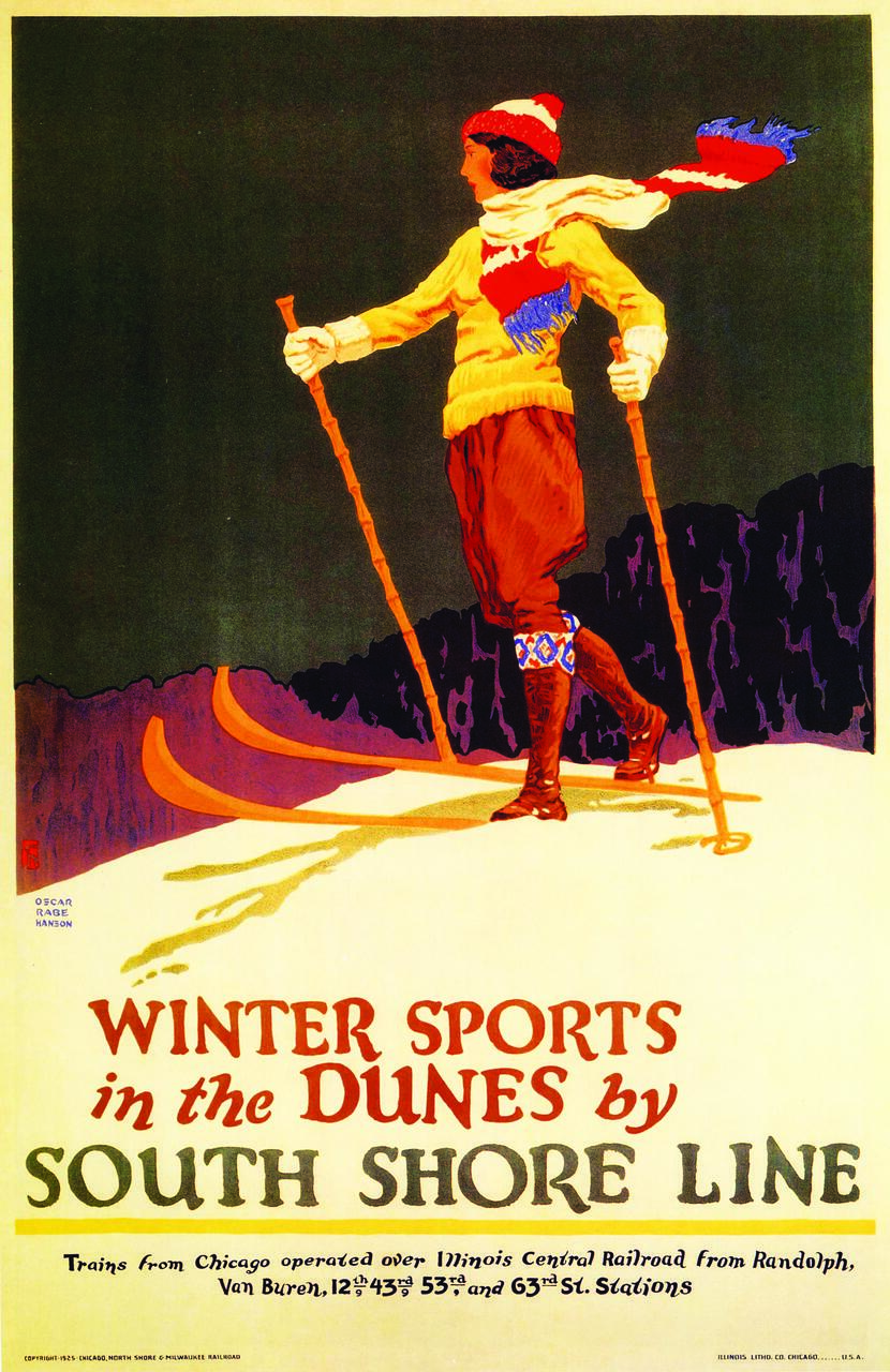 A vintage poster of a person in winter clothing skiing across sand dunes, holding ski poles. The background is dark, and the person wears a red and white hat and scarf. Text below promotes winter sports via the South Shore Line.