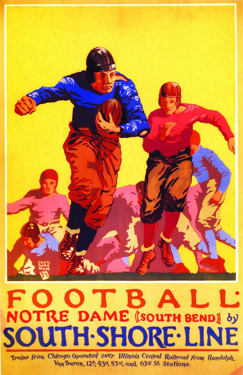 Vintage poster of football players in action, wearing leather helmets and colorful uniforms against a yellow background, promoting Notre Dame games by South Shore Line.