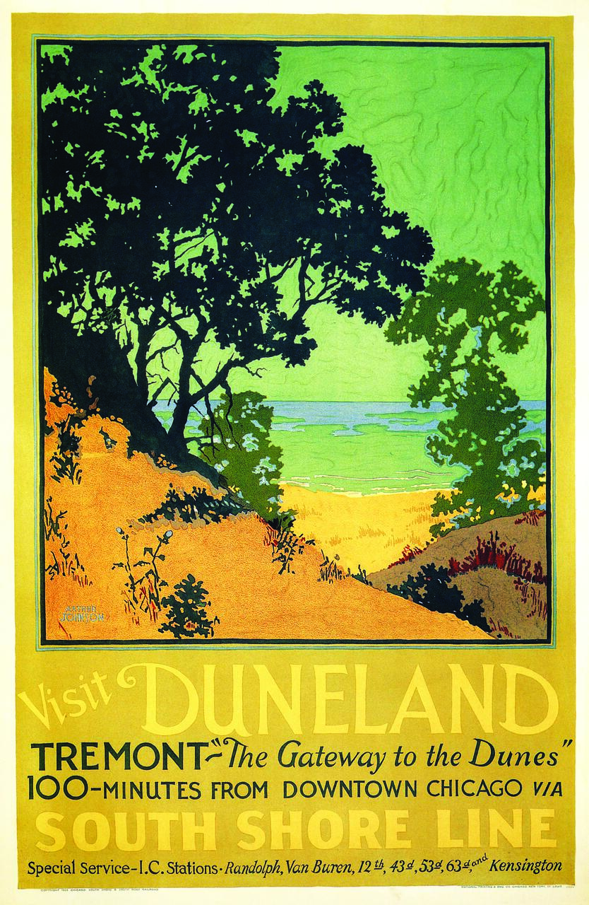 Vintage poster depicting a scenic landscape with silhouetted trees, sandy dunes, and a view of the lake under a greenish-yellow sky. Text promotes visiting Duneland via the South Shore Line.