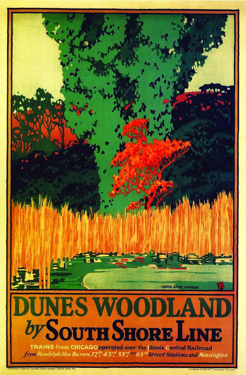Colorful vintage poster depicting a lush, green woodland with orange and red trees, and a serene body of water in the foreground, promoting travel via the South Shore Line to Dunes Woodland.