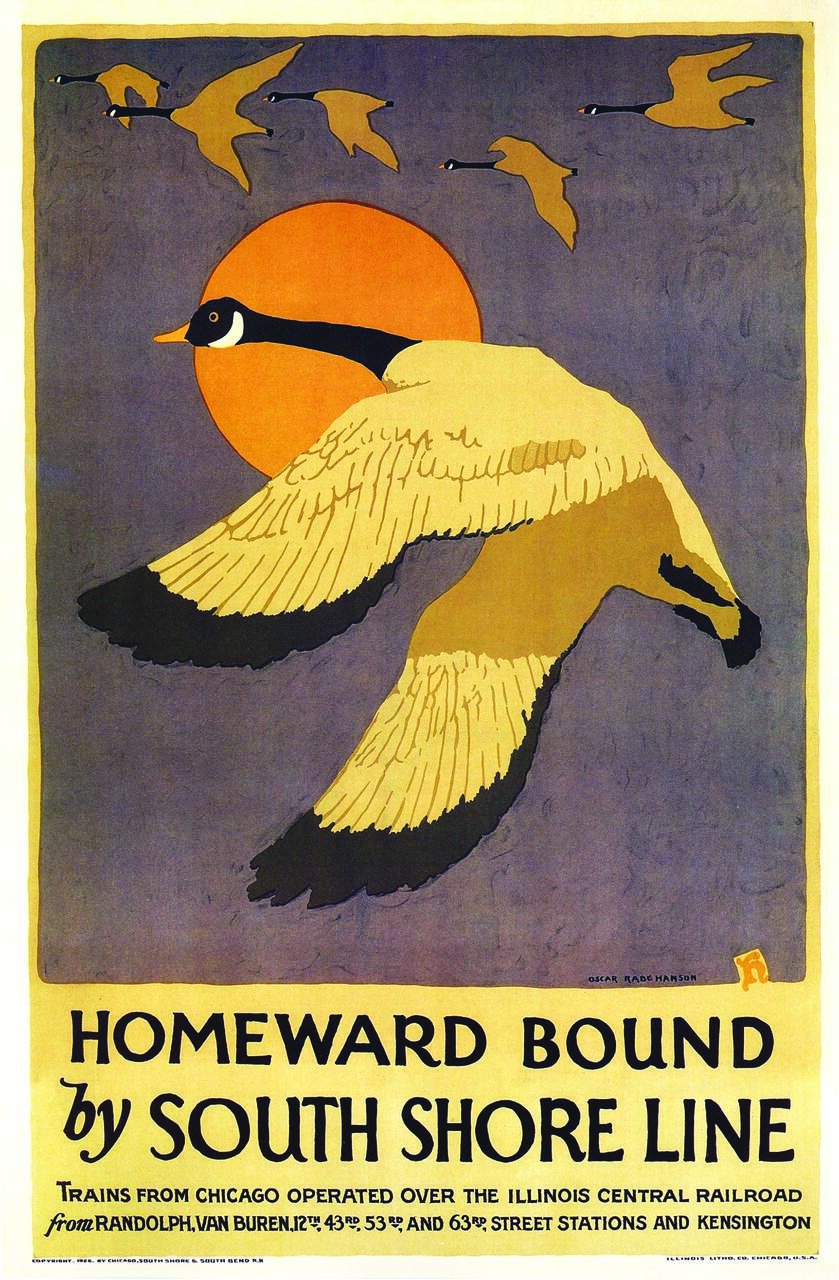 A stylized illustration of flying geese against an orange sun and gray sky, promoting the South Shore Line.