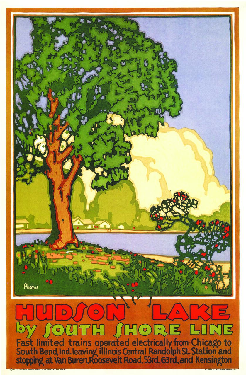 Vintage poster illustration of a scenic landscape with a large green tree by a lake, featuring colorful foliage, with promotional text about Hudson Lake by South Shore Line below.