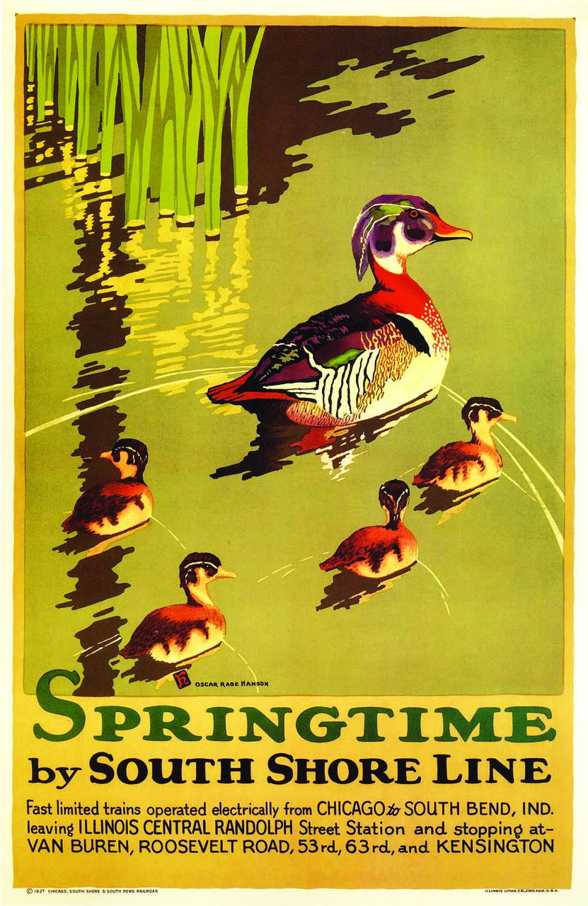 Colorful vintage poster featuring a duck with ducklings swimming on a reflective green water surface, surrounded by tall grasses. Text below reads "Springtime by South Shore Line."
