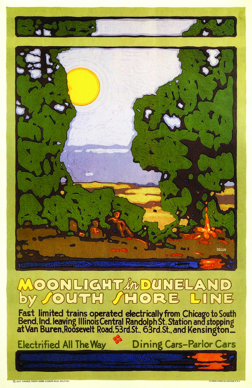 Vintage travel poster with stylized trees framing a bright moonlit scene. The poster promotes the South Shore Line, highlighting "Moonlight in Dune Land" with electric trains and dining cars. Bold, colorful text and decorative graphics emphasize travel amenities.