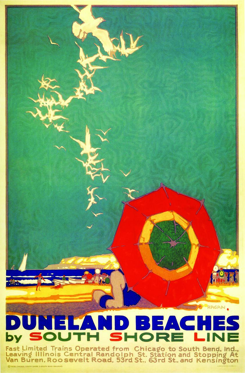 Vintage travel poster depicting a beach scene with a colorful parasol, seagulls in a blue sky, beachgoers, and waves. Text at the bottom promotes travel to Duneland Beaches by South Shore Line.