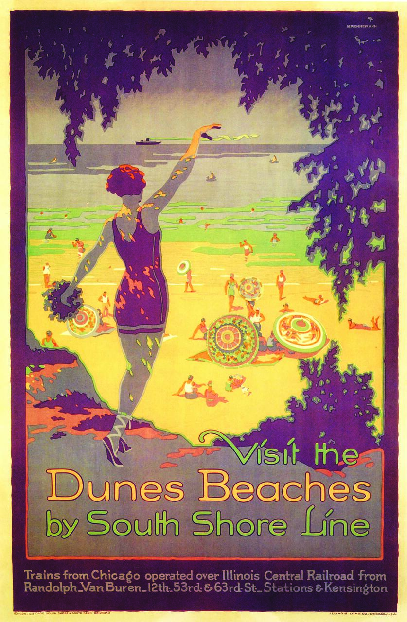 Vintage poster illustration featuring a woman in a purple swimsuit waving at a beach scene. Brightly colored umbrellas and people enjoying the beach are visible under a canopy of purple trees. Text promotes visiting Dunes Beaches by South Shore Line.