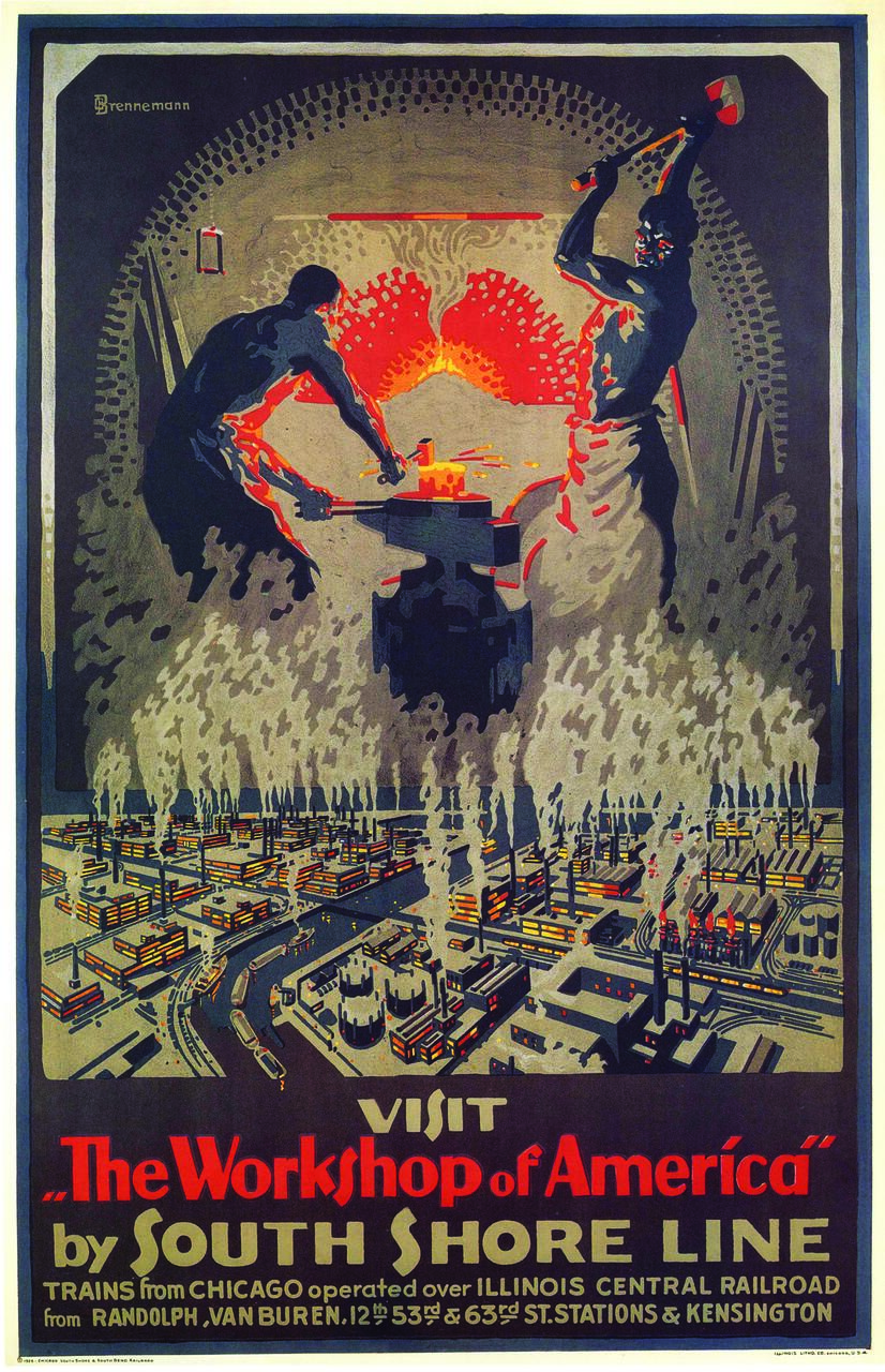 Two blacksmiths work beside a forge, hammering metal, surrounded by an industrial landscape with factories and smokestacks emitting smoke. Text at the bottom promotes visiting the "Workshop of America" via the South Shore Line.