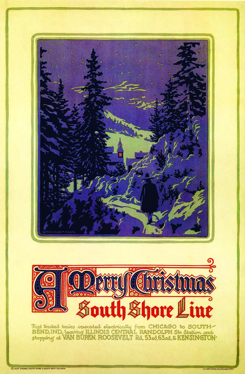 Vintage holiday poster featuring a snowy forest scene at night, with a silhouette of a person walking toward a glowing village. Dark trees frame the scene under a starry sky. Decorative text below reads, "A Merry Christmas, South Shore Line."