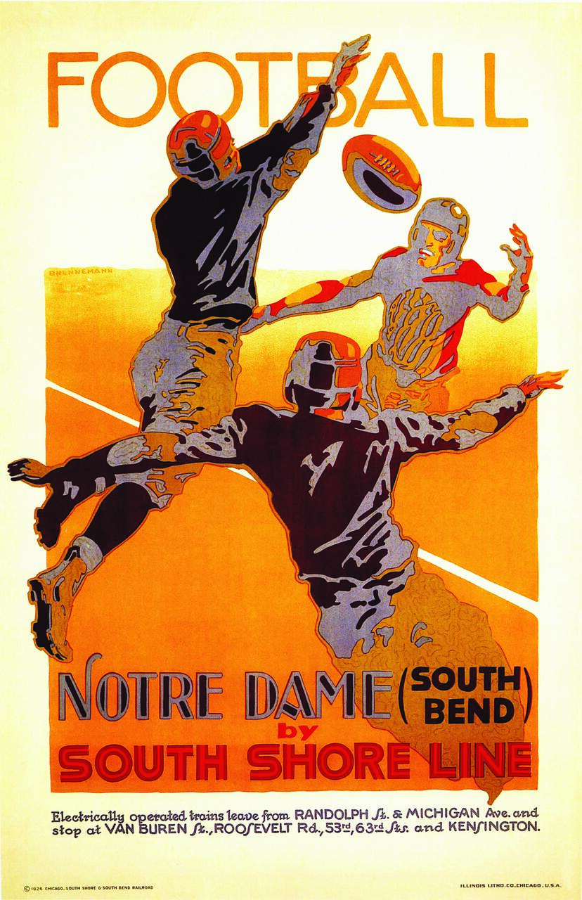 Vintage graphic poster featuring three football players in action, with bold colors and dynamic poses. The words "FOOTBALL" and "Notre Dame (South Bend) by South Shore Line" are prominently displayed. Bright orange and red tones dominate the design.