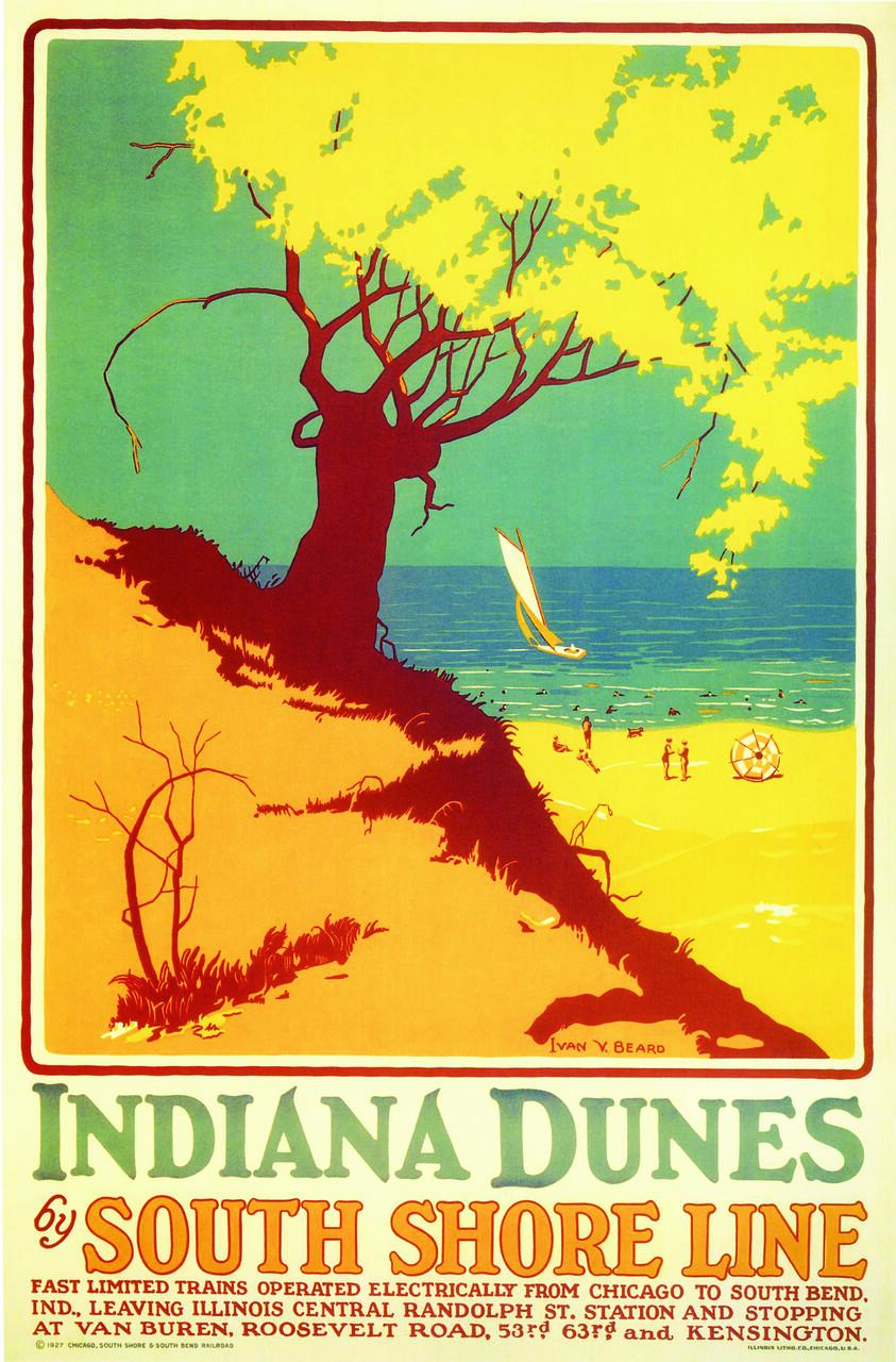 Vintage poster of a beach scene at Indiana Dunes, featuring a sailboat on the water, a tree with bright foliage in the foreground, and people walking on the sandy shore. Bold text at the bottom promotes South Shore Line.
