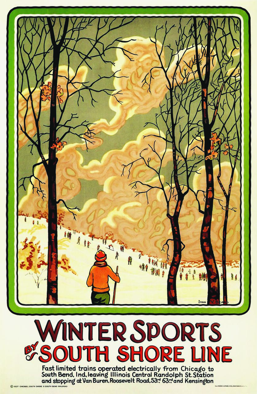 Vintage poster of a winter scene through bare trees, depicting a lone figure in orange skiing toward a group of skiers in the distance. The sky is cloudy with a sunset glow. Text at the bottom promotes the South Shore Line for winter sports.