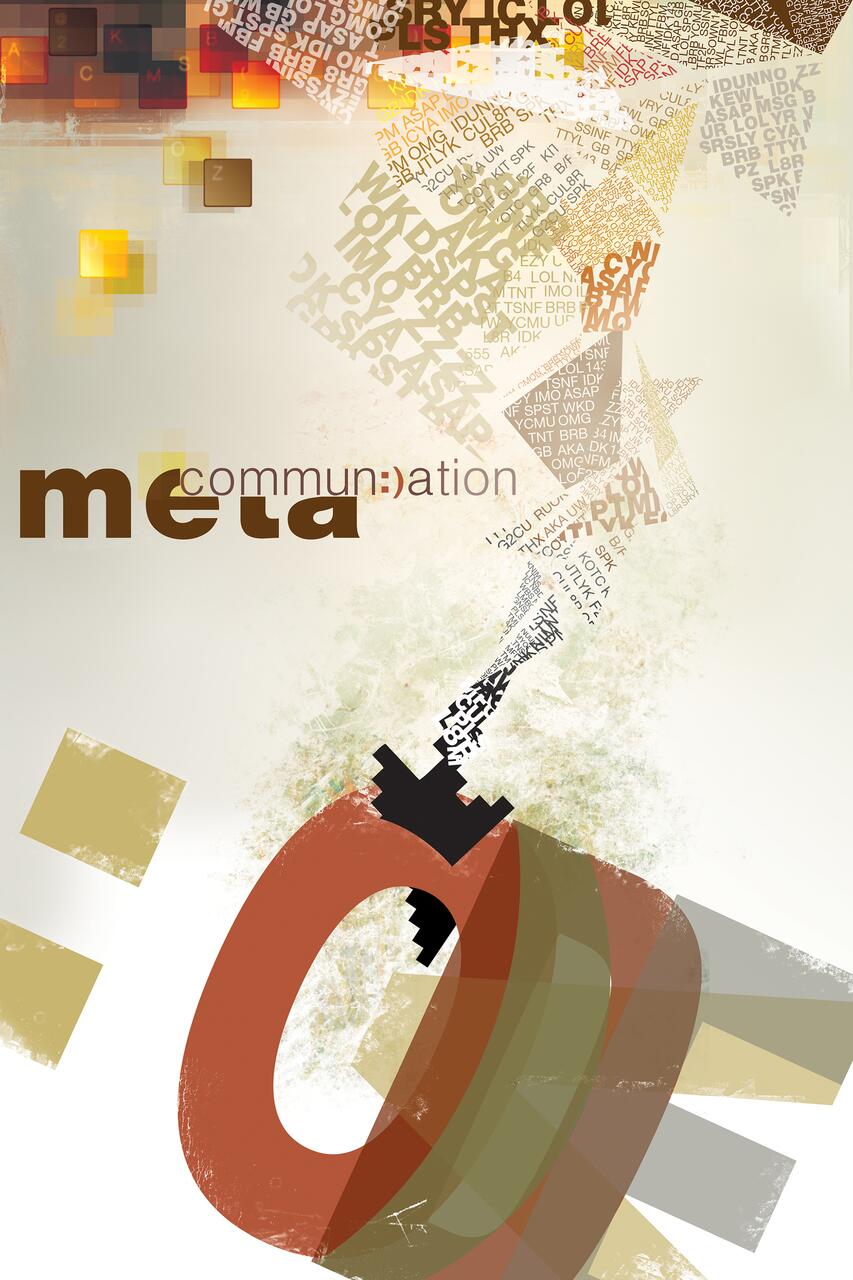 Abstract graphic with the word "meta" and "communication" featuring a large red and green letter "O" surrounded by fragmented letters and pixelated squares in warm tones, creating a dynamic, swirling visual effect.