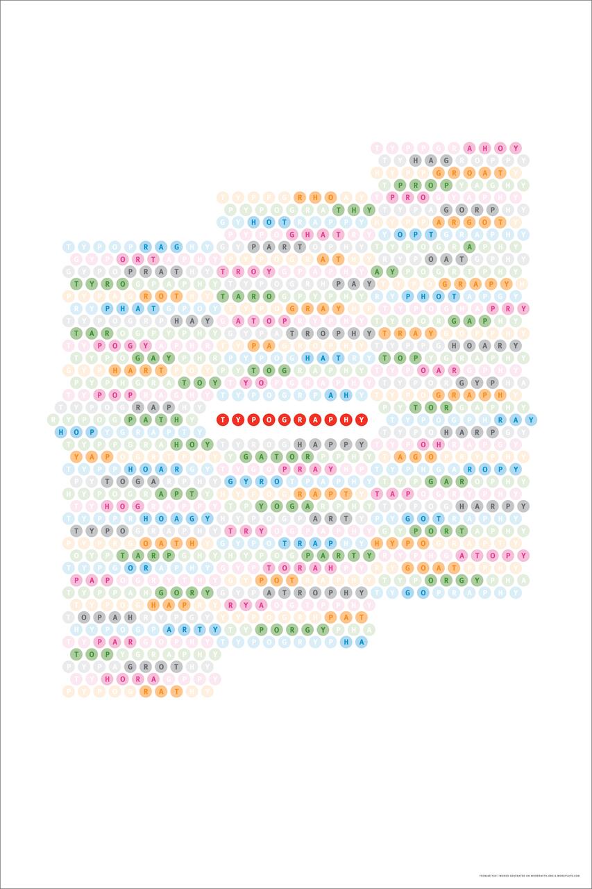 Colorful word search puzzle graphic with the word "TYPOGRAPHY" highlighted in red letters among a grid of multicolored letters.