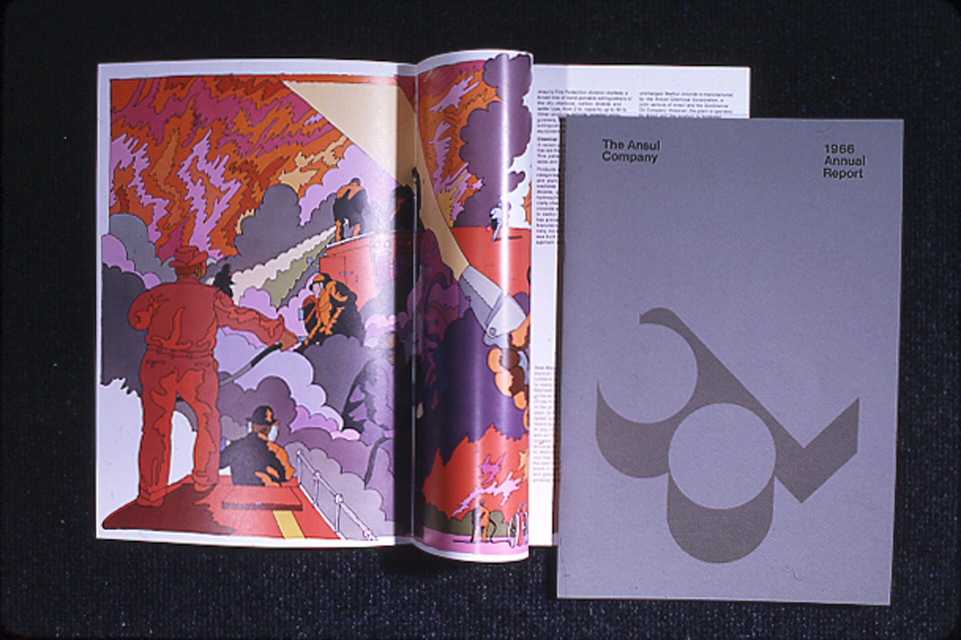Open magazine with firefighters battling flames in stylized illustration, alongside a closed gray book titled "The Ansul Company 1966 Annual Report" with abstract geometric design on the cover.