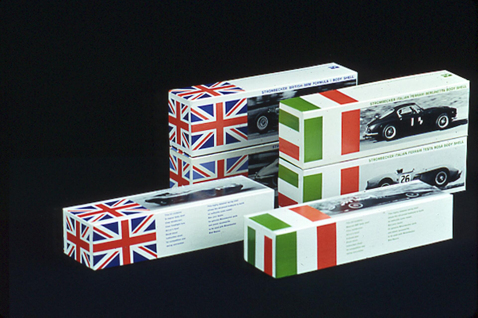 Boxes with British and Italian flag designs, showcasing vintage race cars against a black background.