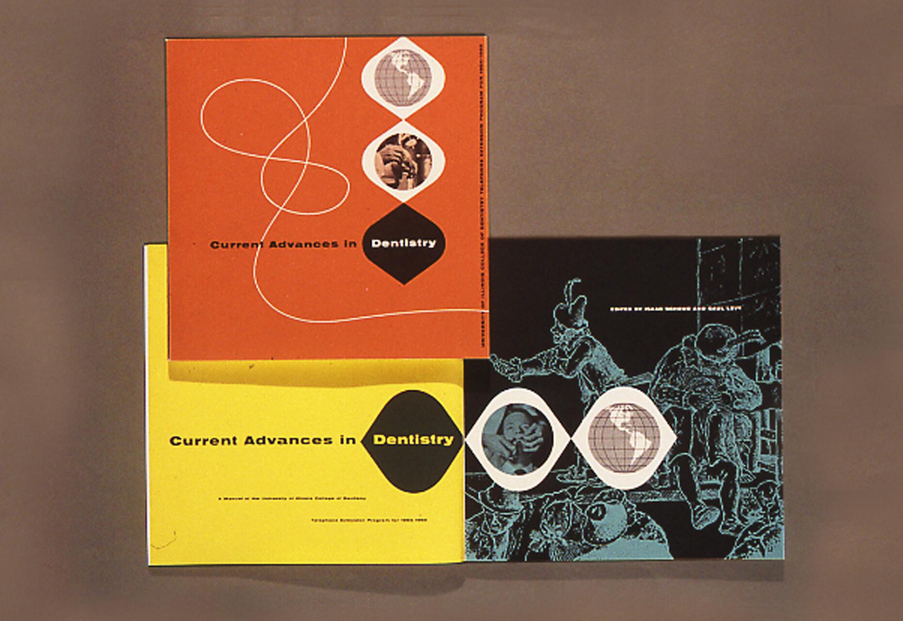 Two illustrated covers titled "Current Advances in Dentistry." The top cover is orange with circular designs, while the bottom cover is yellow with a black and teal illustration depicting historical dentistry scenes.