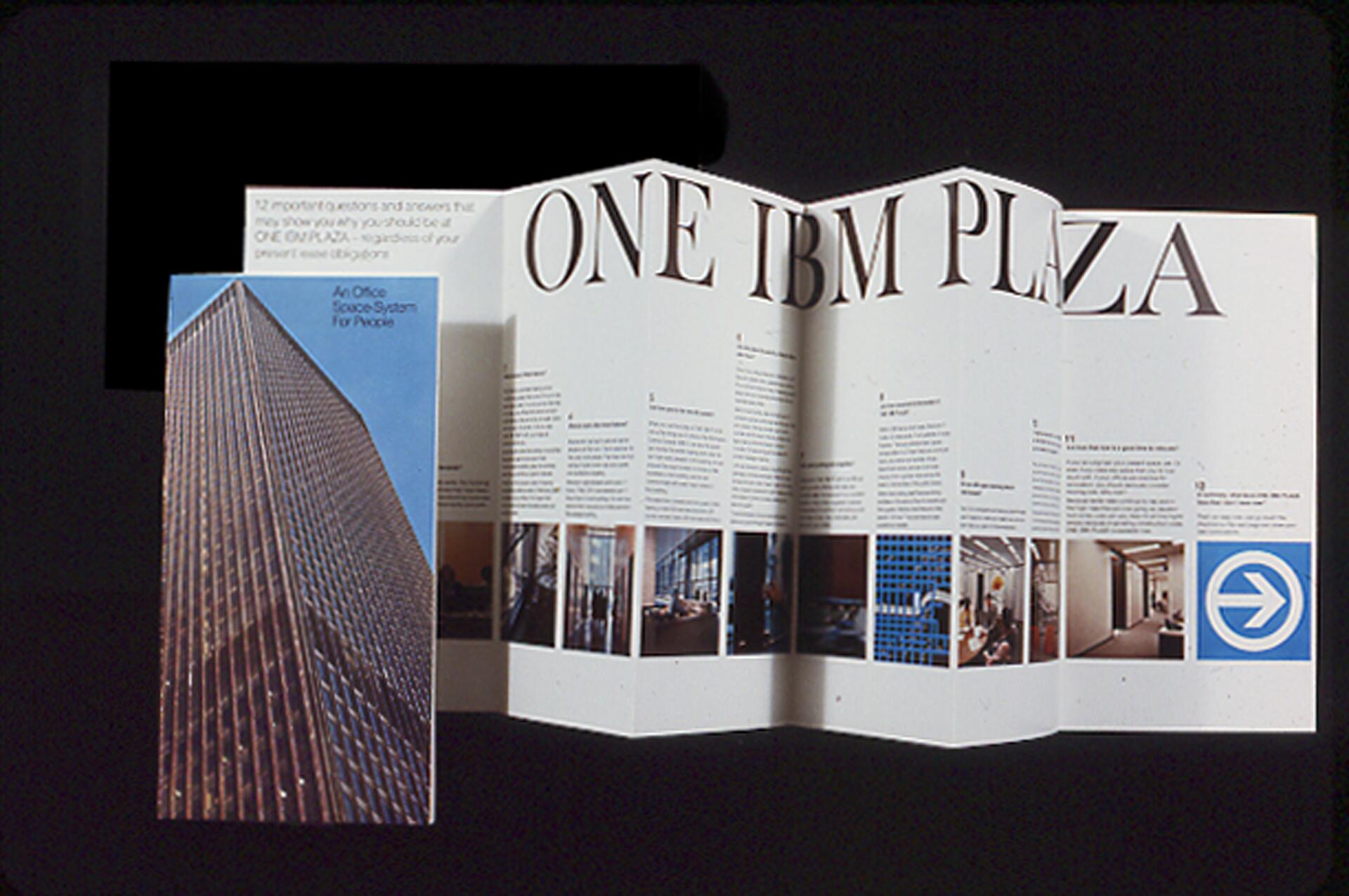 A brochure set against a dark background, featuring an image of a skyscraper on the left panel. The adjacent panel unfolds into a larger section titled "ONE IBM PLAZA" with text and smaller images of interiors.