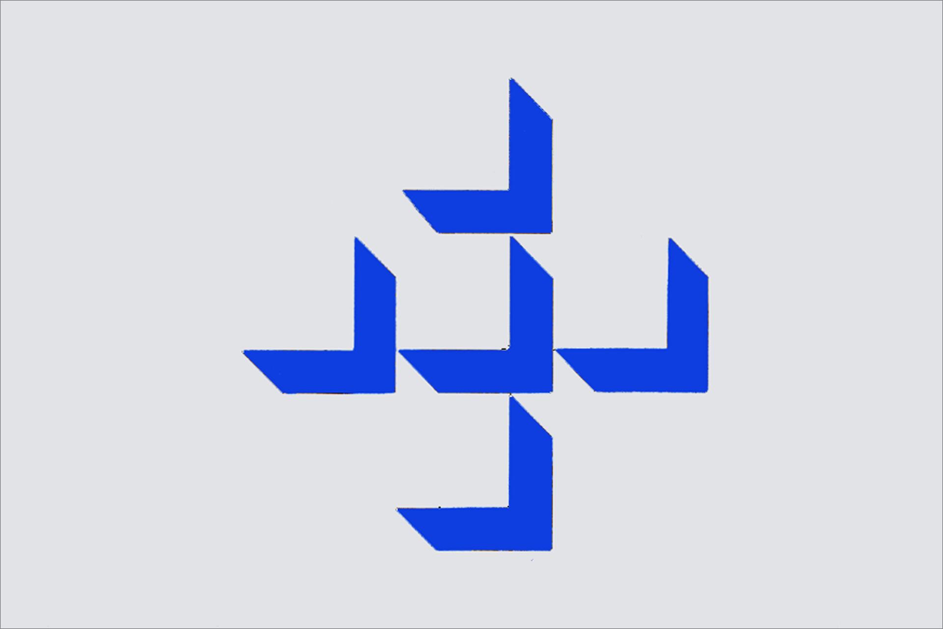A blue geometric shape consisting of several interlocked L-shaped segments arranged in a symmetrical pattern against a light gray background.