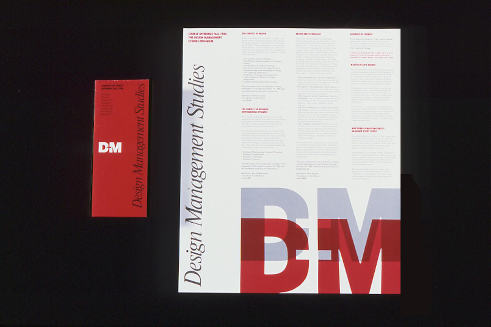 Red and white brochure design for "Design Management Studies" featuring bold initials "DM" and text paragraphs on the right. A smaller red document with vertical text is on the left.