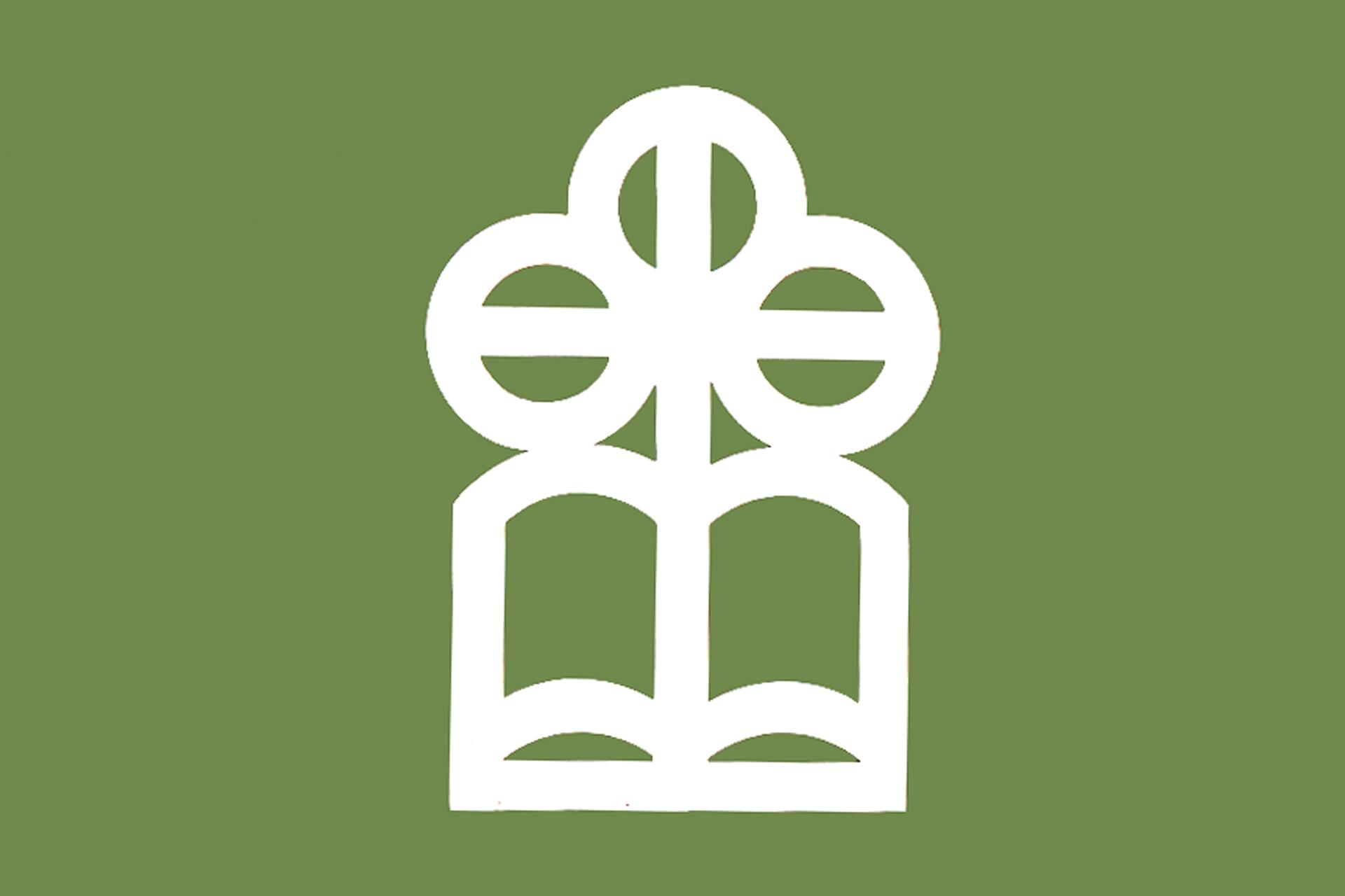 White abstract logo on green background, featuring an open book with overlapping circles resembling people above it.