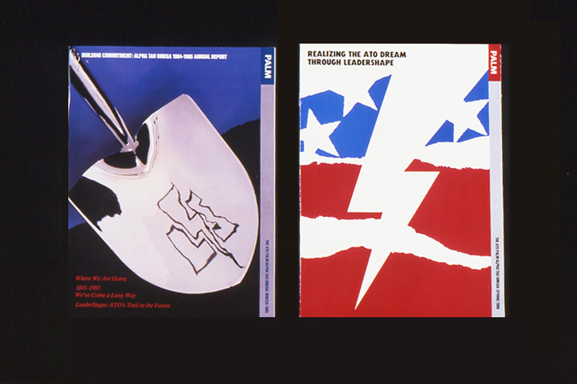 Two magazine covers side by side. The left cover features a shiny spade on a blue background with text overlay. The right cover shows abstract shapes in blue, white, and red with a bold lightning bolt design. Both are themed with organizational branding.