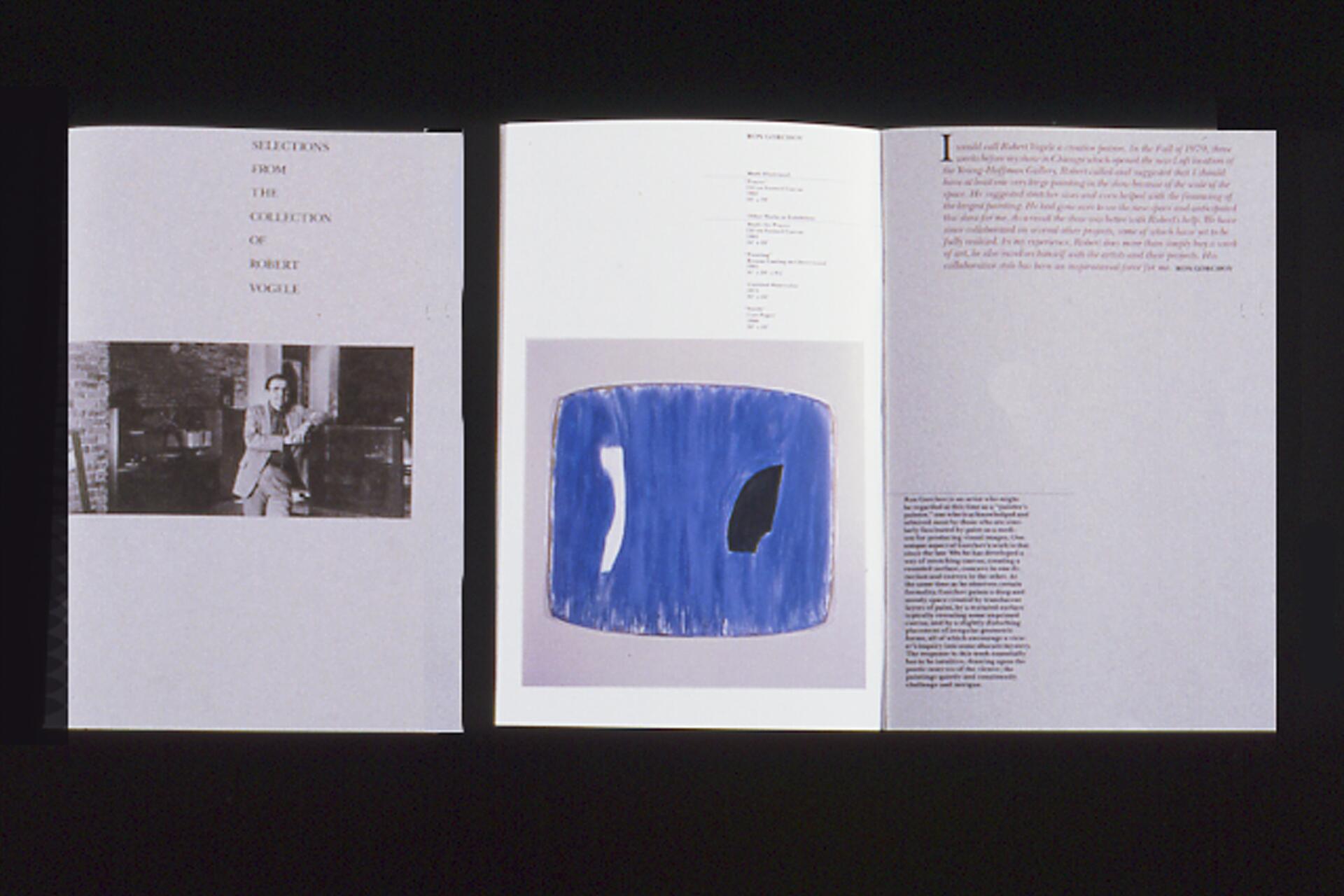 Open book pages; left page shows a black and white photo of a person, with text reading "Selections from the Collection of Robert Vogele." The center page displays abstract blue artwork, and the right page contains text in paragraphs.