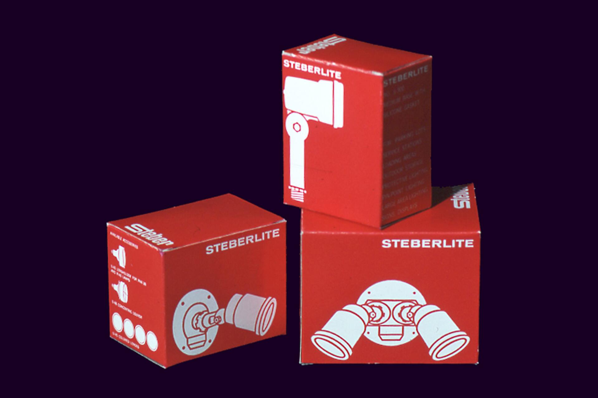 Red boxes labeled "Steberlite" with white illustrations of light fixtures, stacked against a dark background.