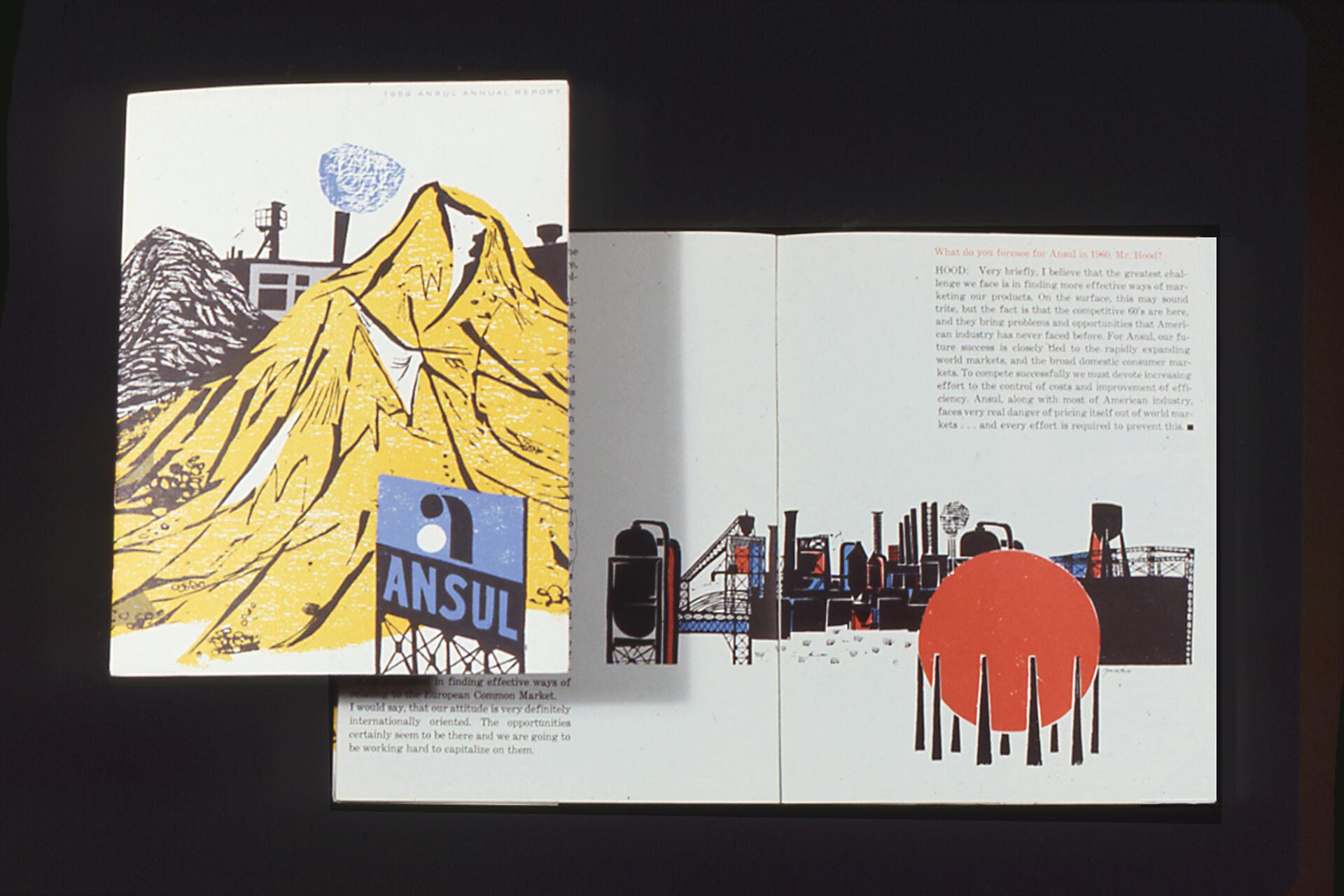 Open spread of a 1959 annual report with two pages. The left shows a stylized mountain and industrial scene with "ANSUL" logo, while the right features sketches of a factory skyline against a red sun.