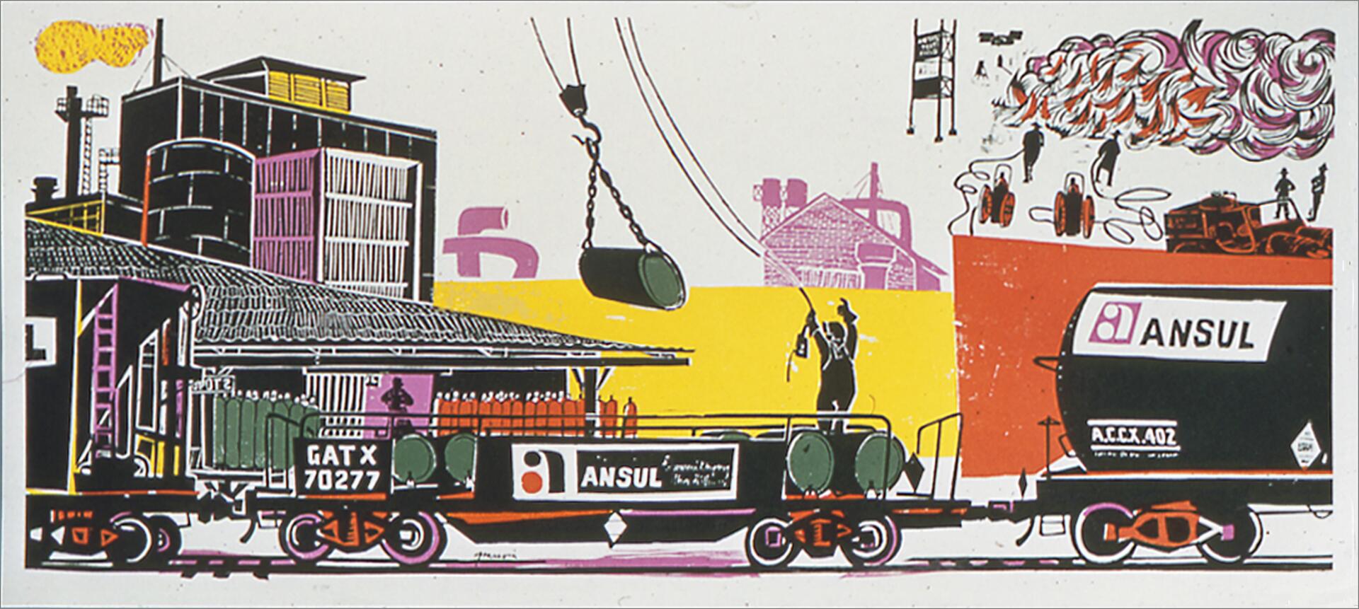 Colorful illustration of an industrial scene with a crane lifting a barrel, factory buildings, and a train with "ANSUL" logos. Smoke and small figures appear in the background, depicting activity and motion.
