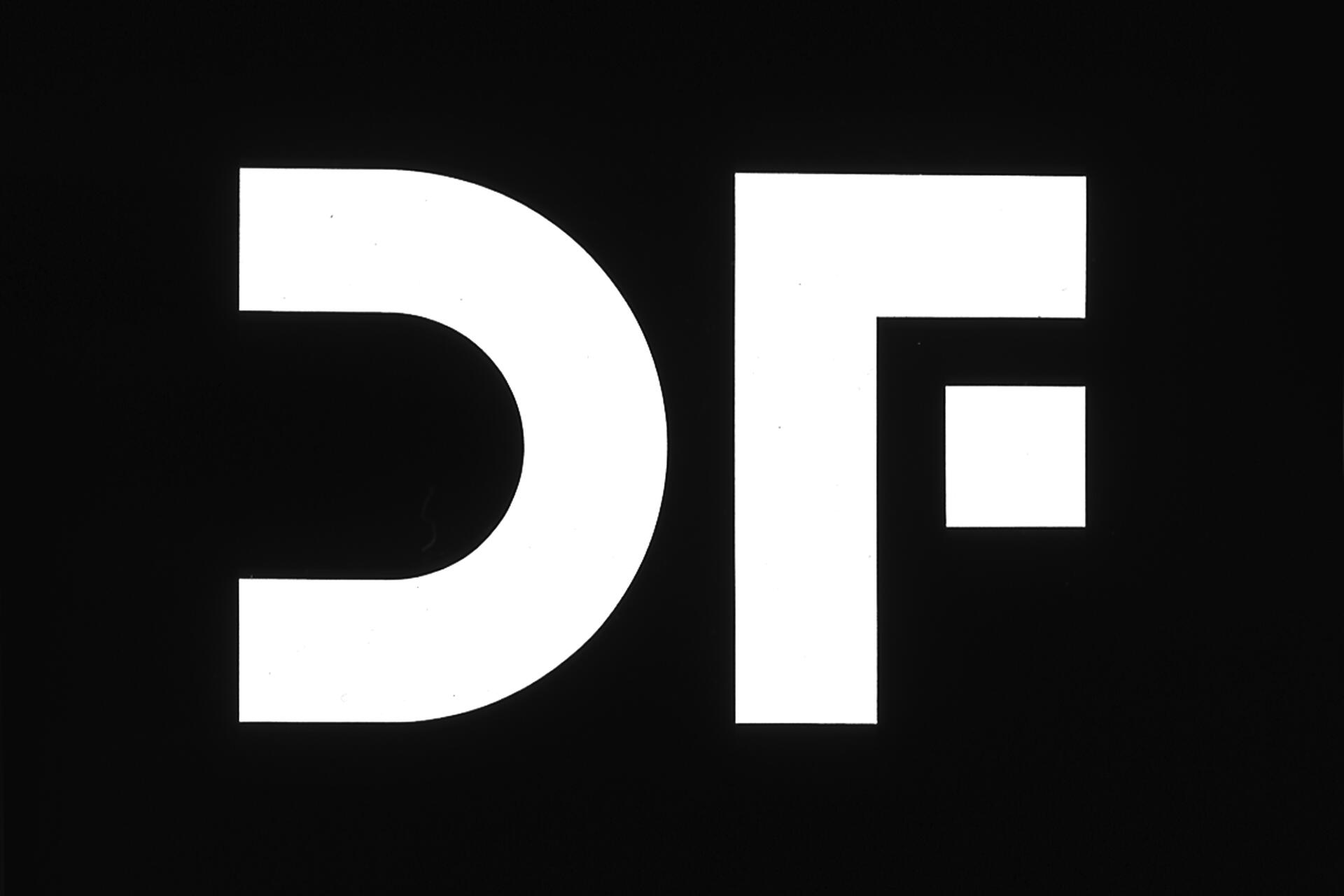 Bold white letters "DF" on a black background.