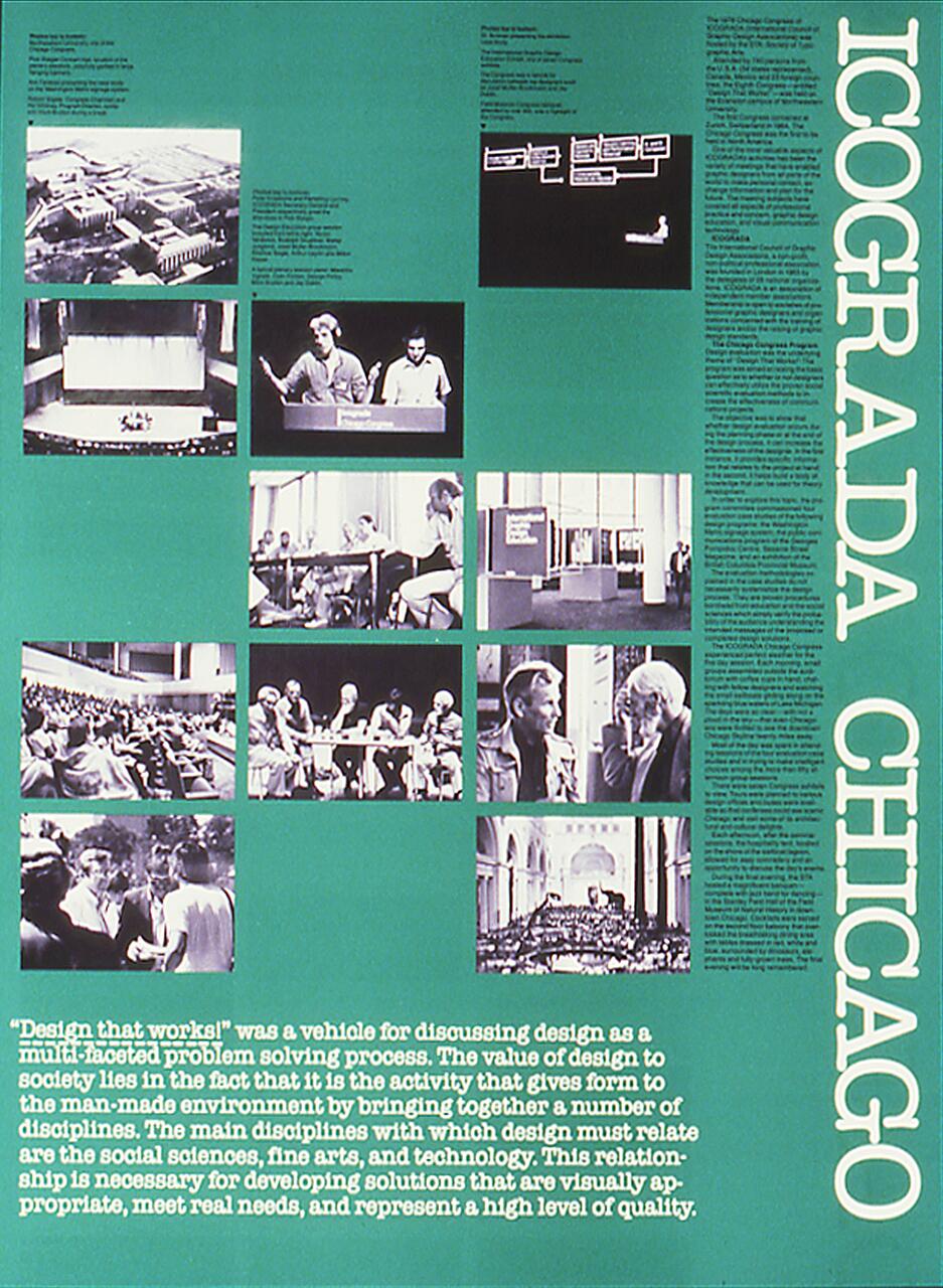 Collage of photographs and text on a green background, titled "ICO-D CHICAGO." Includes images of conferences, discussions, and a diagram, reflecting a design conference theme.