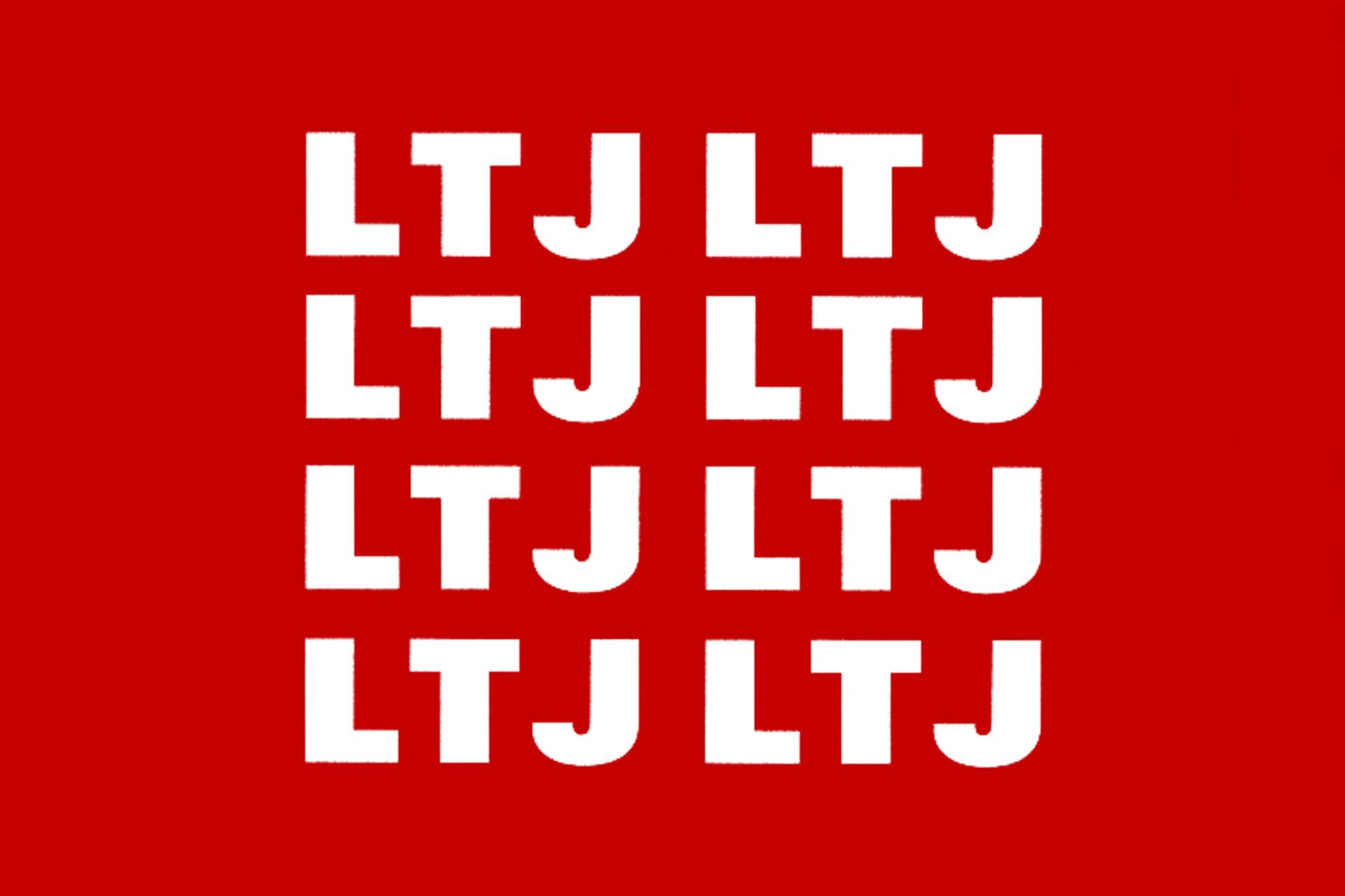 White letters "LTJ" repeated in a grid pattern on a red background.