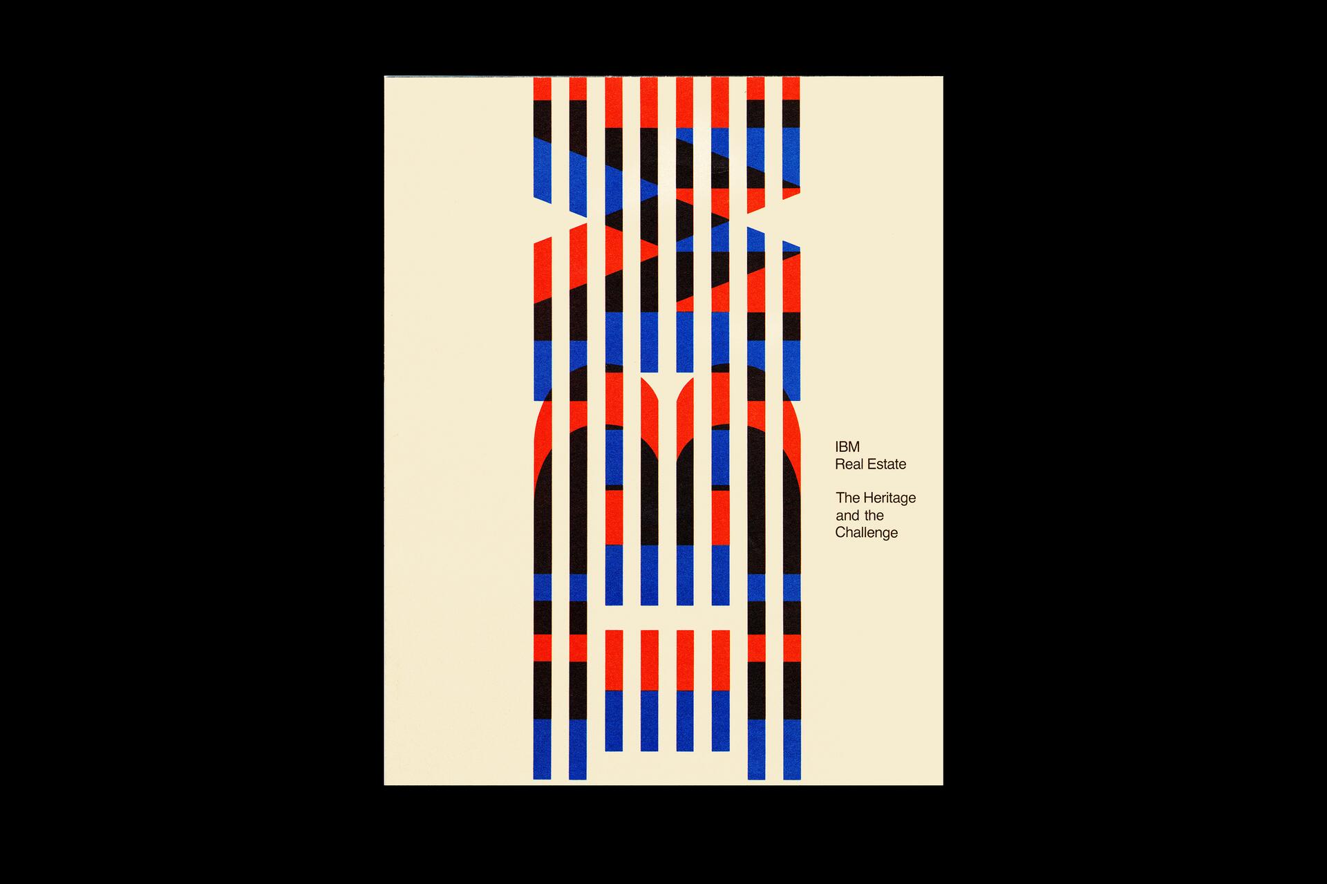 Abstract graphic with vertical black, red, and blue stripes on a beige background. Text on the right reads, "IBM Real Estate The Heritage and the Challenge."