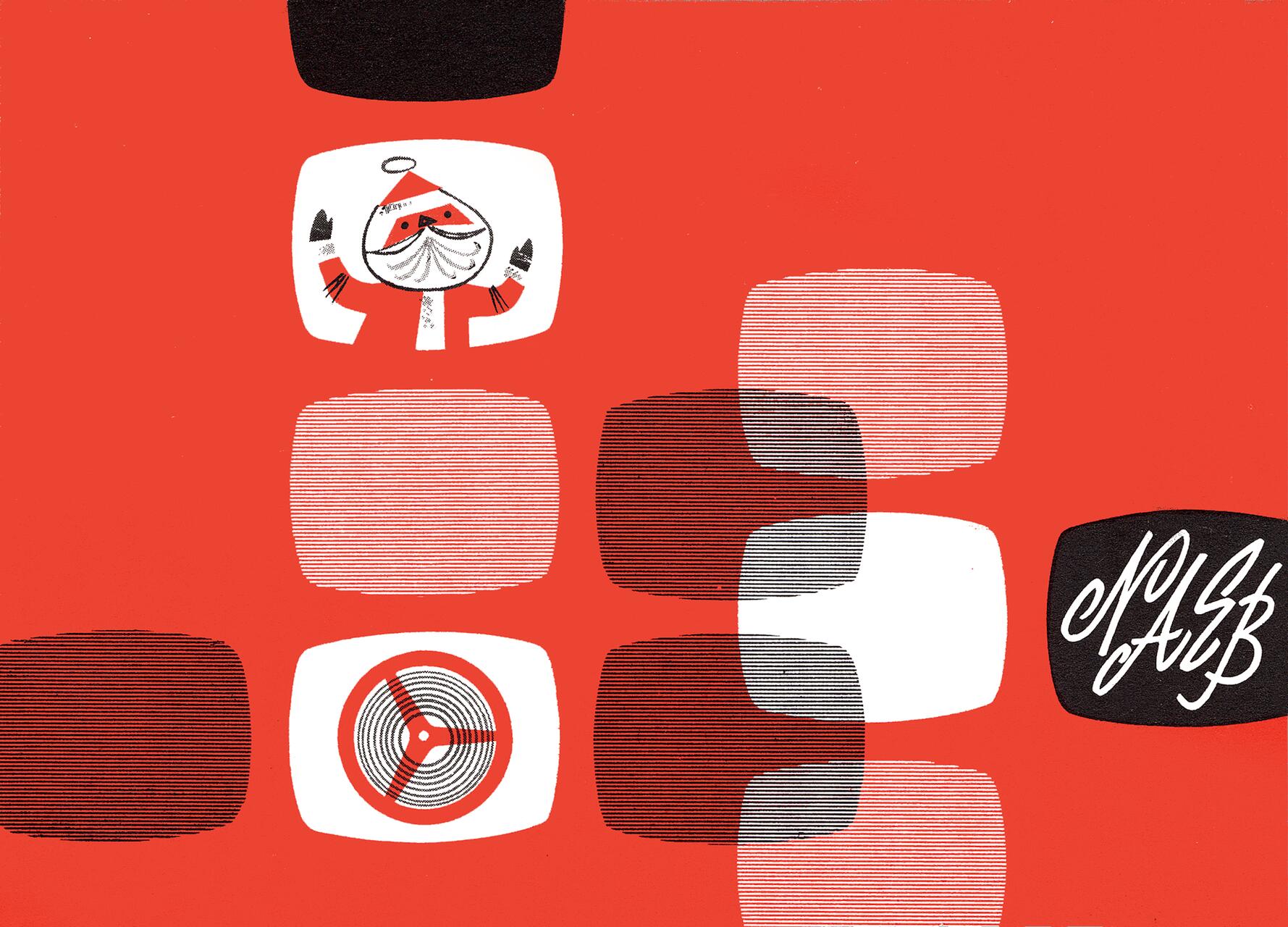 Retro-style illustration with abstract shapes on a red background featuring a cartoon Santa with a halo, diverse textured rectangles, and a stylized logo.