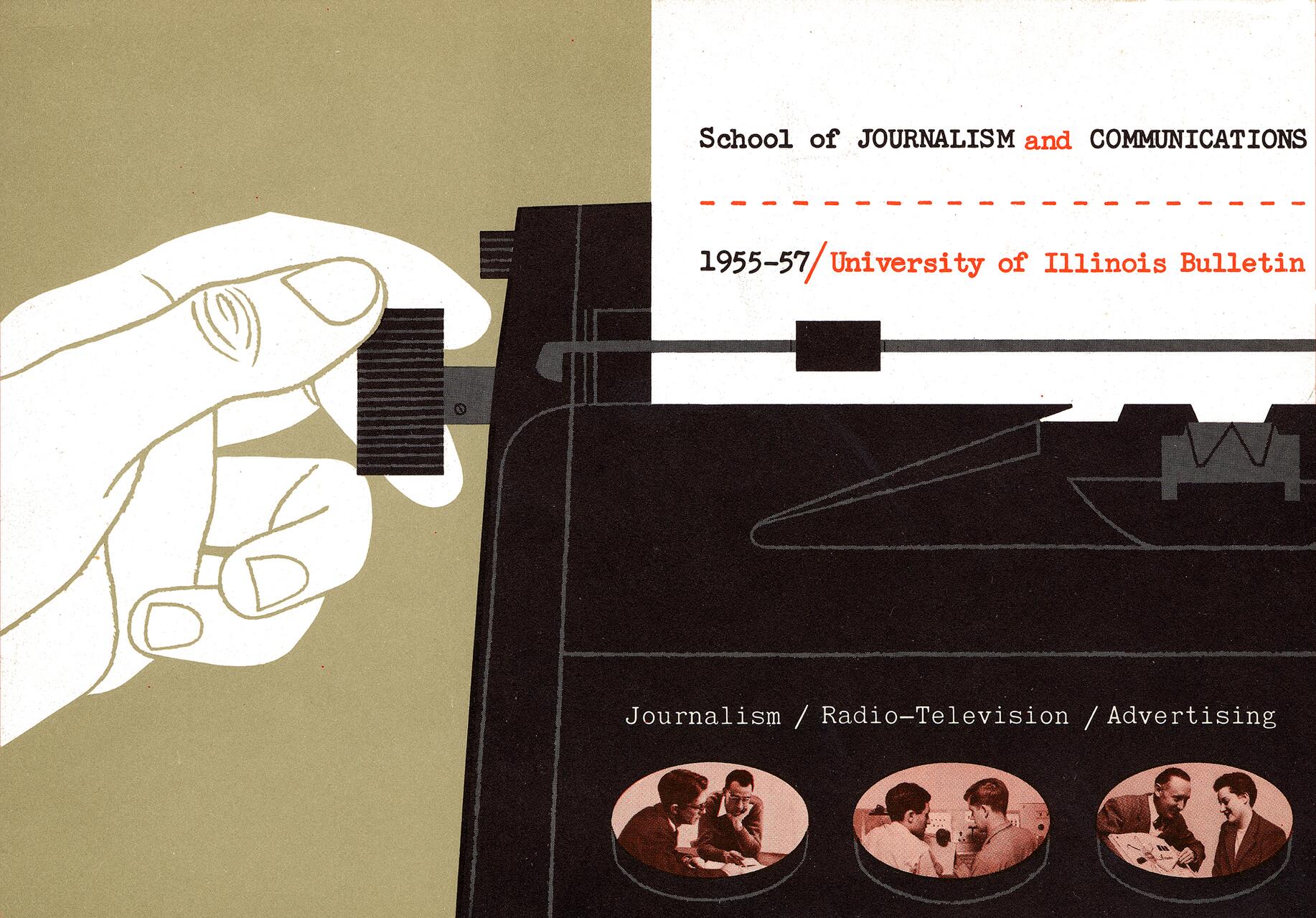 A hand adjusts a typewriter's carriage while paper feeds through. Below, sepia-toned photos depict people engaged in journalism, radio-television, and advertising tasks. The background is a muted olive green.