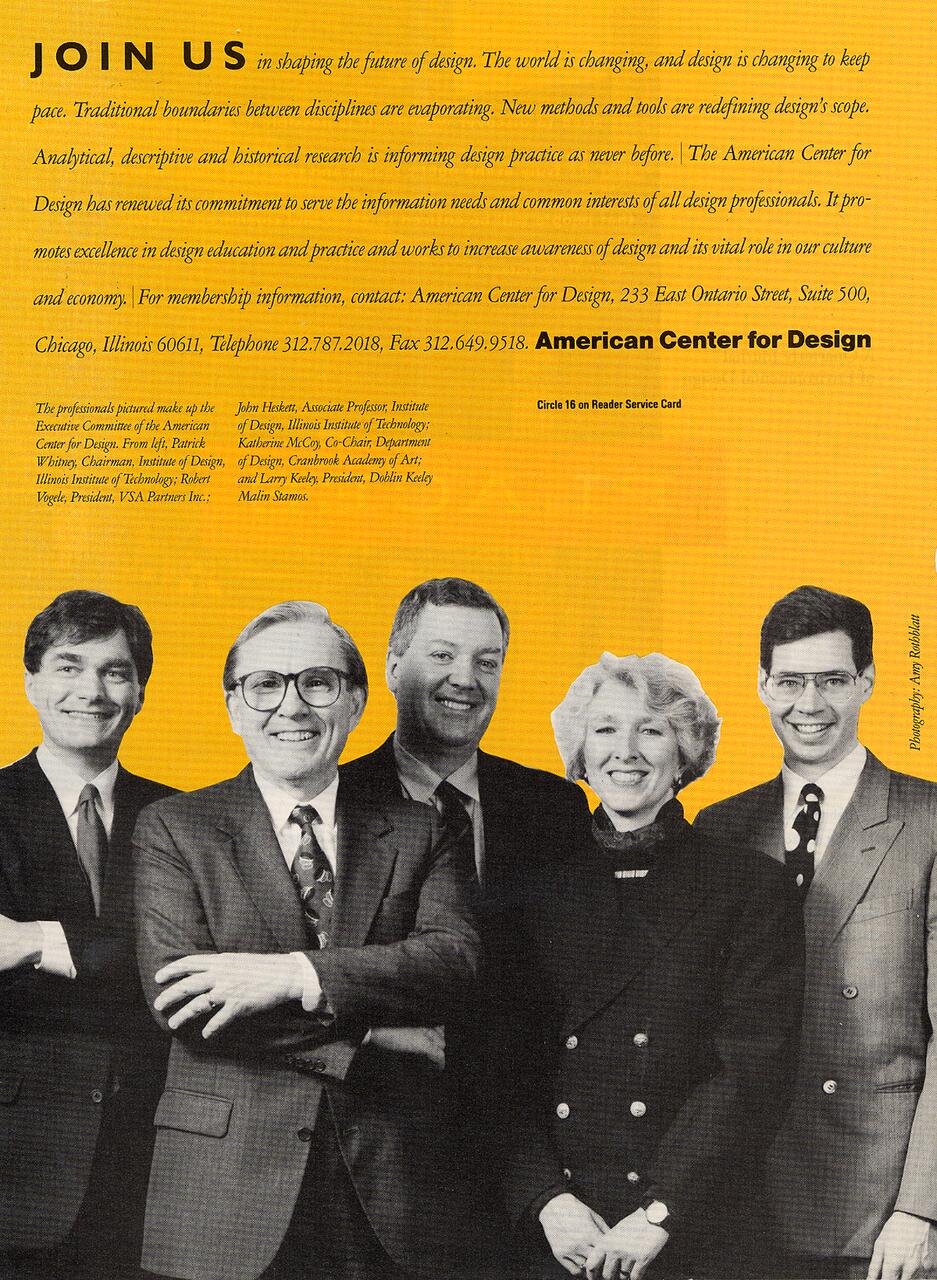 Black and white photograph of five people in formal attire standing together, smiling. The background is a yellow text-filled design promoting the American Center for Design and discussing trends in design and education.