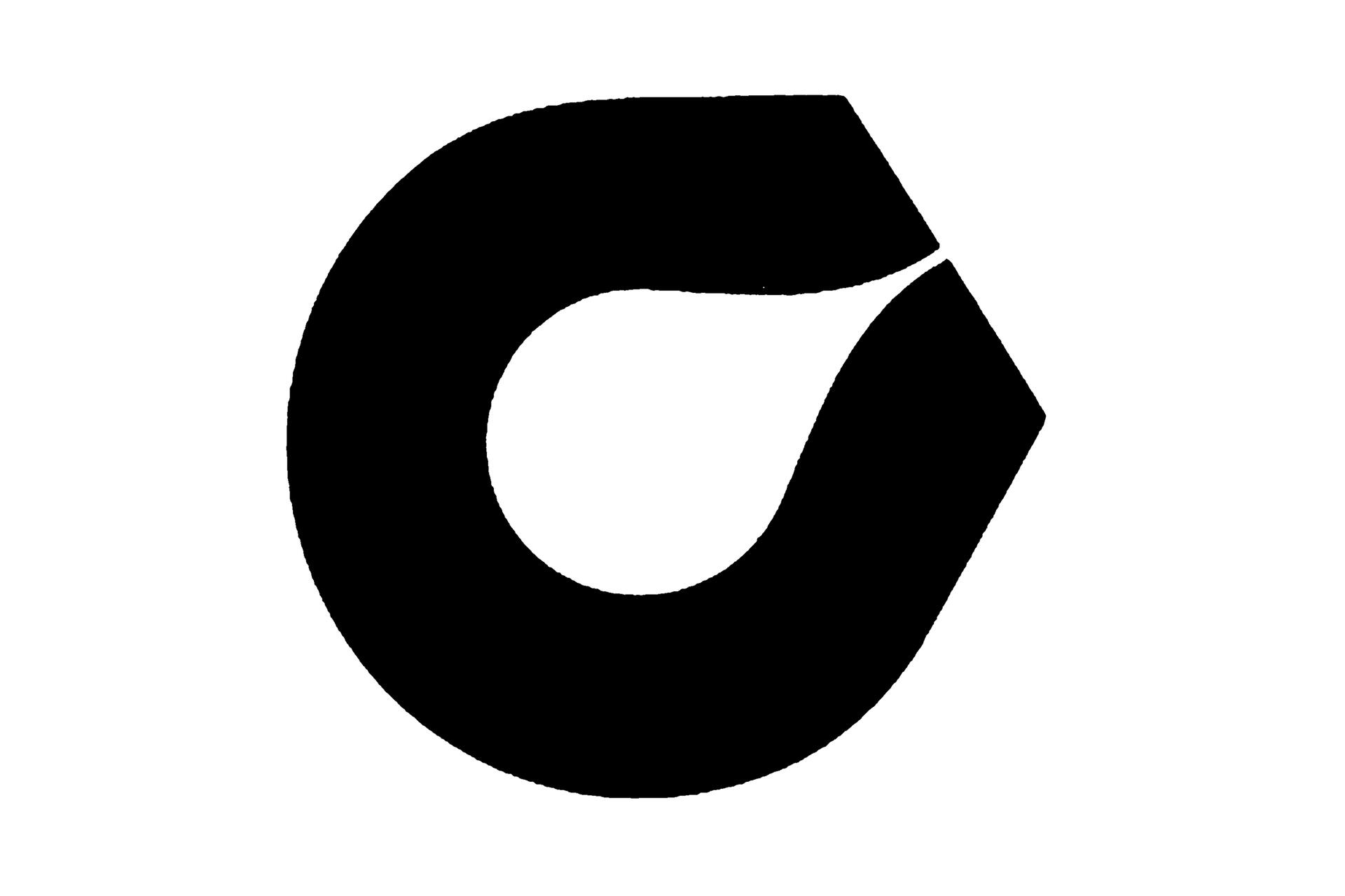 Black abstract logo with a curved, pointed design resembling a stylized letter "C" on a white background.