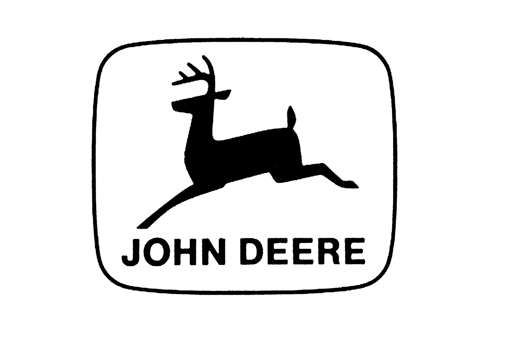 Black silhouette of a leaping deer inside a rounded square, with "JOHN DEERE" written below.