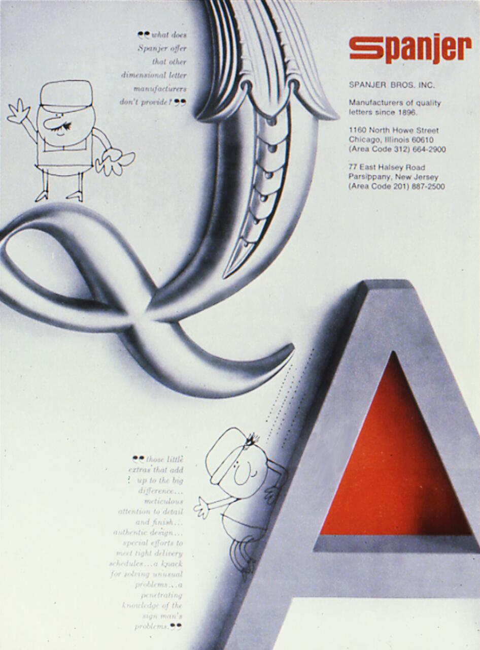 Cartoon characters interact with large, three-dimensional silver letters "Q" and "A" on a promotional graphic for Spanjer Bros, Inc. Text highlights manufacturing quality letters and contact details.