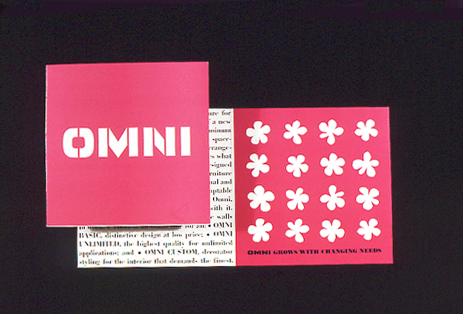 Two red squares; one has the word "OMNI" in bold white letters, the other features a grid of white asterisk-like flowers. Visible text underneath reads "OMNI GROWS WITH CHANGING NEEDS".