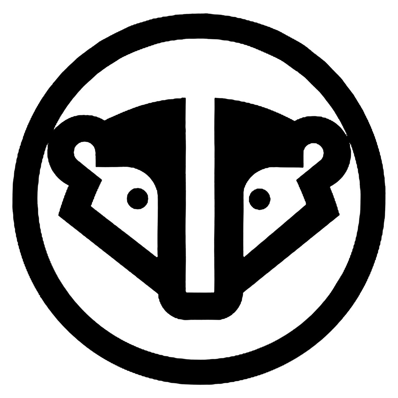 Black and white graphic of a stylized badger face enclosed in a circle.