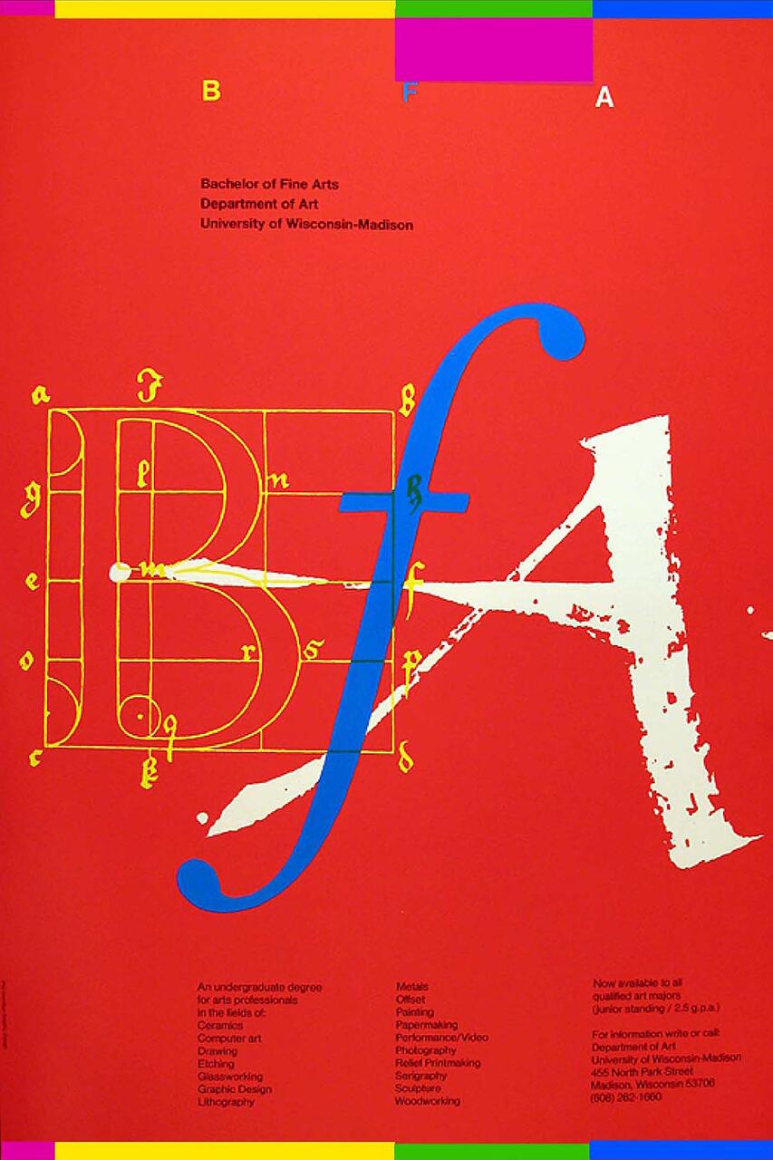 Bright red graphic poster with large, stylized "BFA" letters in blue, yellow, and white. Text listing programs under the Bachelor of Fine Arts at University of Wisconsin-Madison is visible. Multicolored rectangles at the top and bottom.