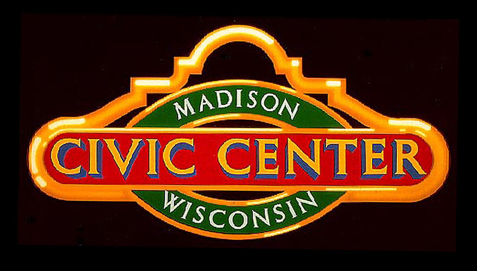 Brightly colored logo with the text "Madison Civic Center Wisconsin," featuring a red, green, and yellow color scheme.